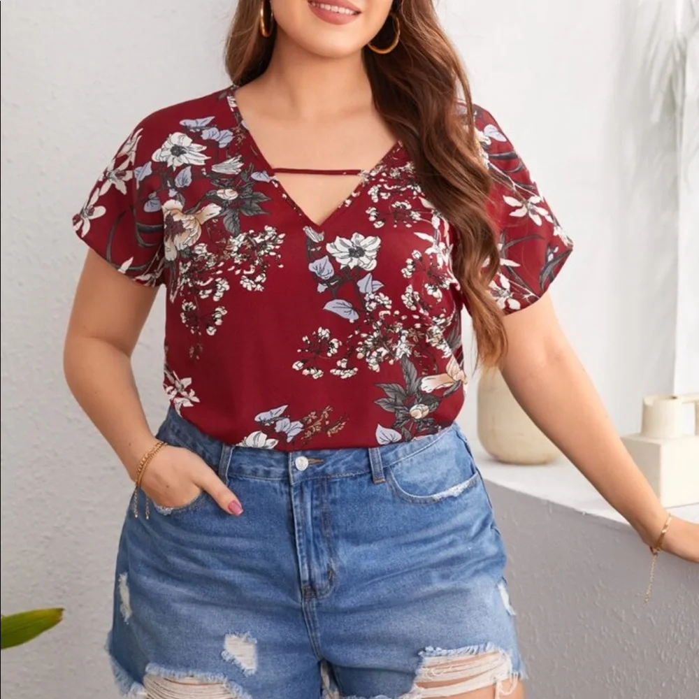 Boho Plus Size Floral Print Cottagecore V Neck Top Blouse - Picture 3 of 16